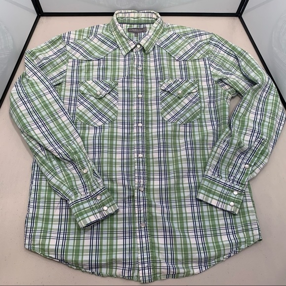 Fossil Brand men's long sleeve button down casual shirt Green Blue White Plaid L - Picture 3 of 10